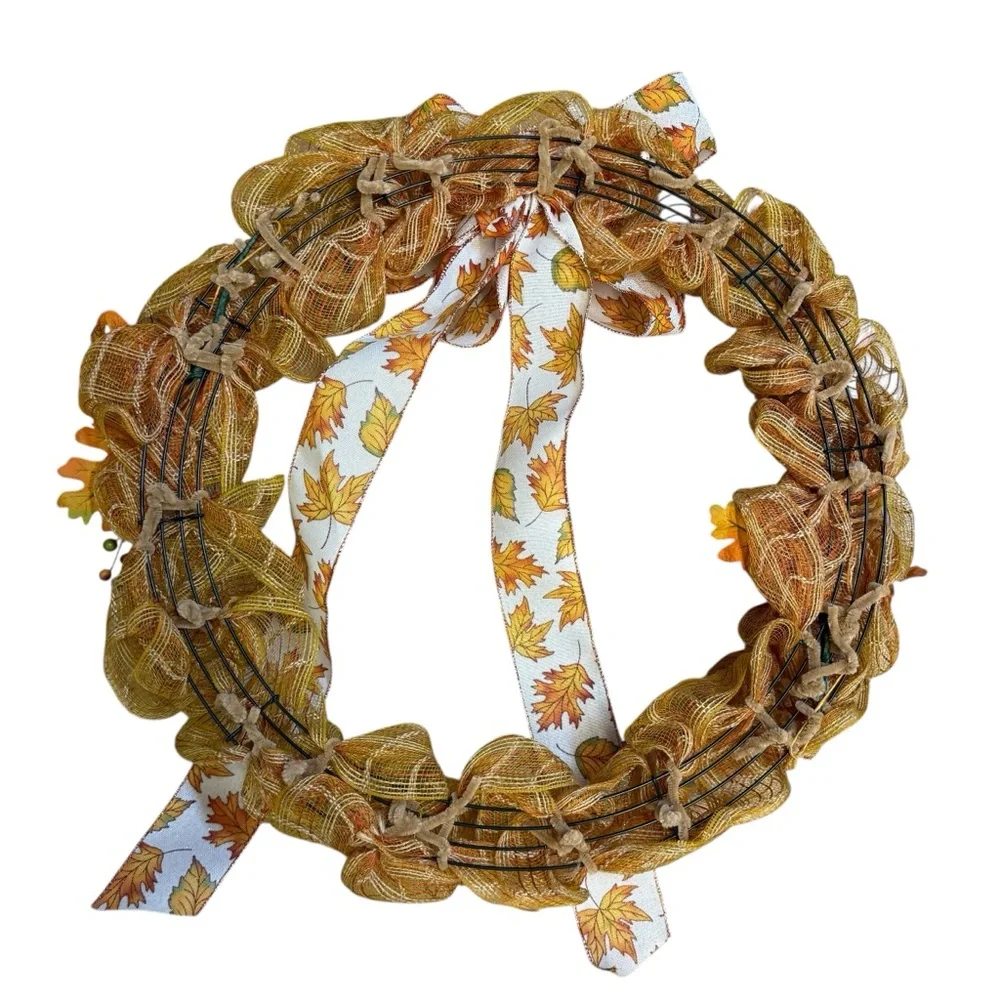 Handmade Fall Leaves & Pumpkin Deco Mesh Wreath – Gold Burlap Mesh – 21 Inches